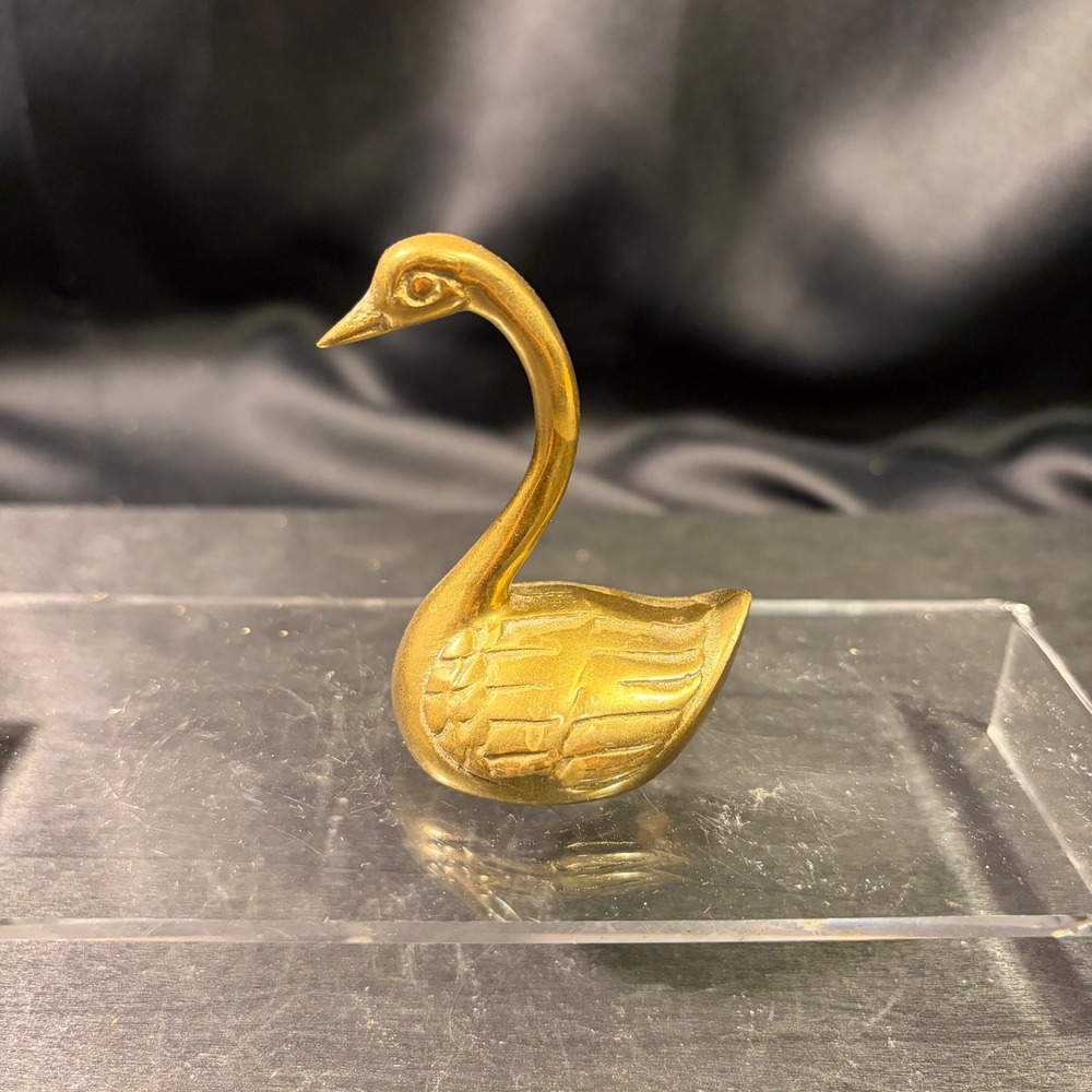 Vintage Solid Brass Swan Figurine 3 Inch Gold Tone Bird Statue Decor